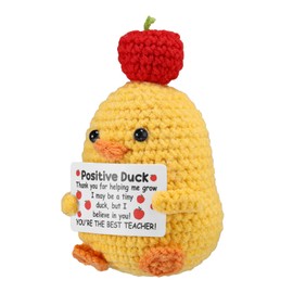 Positive Duck, Crocheted Duck with Apple Embellishment on Top Emotional Knitted Doll Support Animal Cheer Up Crochet for Motivational Plush Gift Home Office Decoration Teacher Appreciation Week Gift