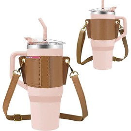 Water Bottle Holder for  Tumbler with Handle, Leather Carrier Strap for 40 oz 30 oz  Cup Accessories, Water Bottle Carrier with Adjustable Strap, Card Holder, Keyring (Brown) - Color: White
