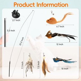 BURCHLIFE Interactive Bird Simulation Cat Feather Toy Set Cat Retractable Wand Toys Suction Cups Base,Include Detachable 7 Pcs Replacements Feathers Toys