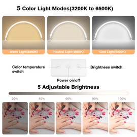 Mznoo Half Moon Light for Nail Desk wtih Phone Holder, 30in 45W Nail Tech Light, Desk Light for Nails, Lashes, Manicure, 3200K to 6500K Dimmable Light Modes and Brightness(White)