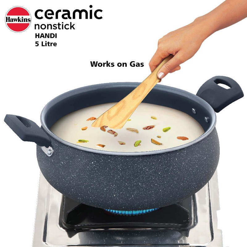Hawkins Ceramic Nonstick Handi, 5 Litre, Induction Biryani Pot, Granite