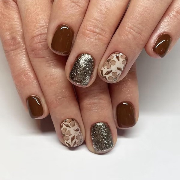 Fall Brown Press on Nails Short Square Fake Nails Autumn