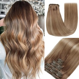 GUDOZO Clip-In Real Hair Extensions, 7 Pieces, 55 cm, 120 g, Light Brown with Golden Blonde, Invisible Clip Extensions, Real Hair Skin Weft Hair Extensions (22 Inches, 10/10/22#)