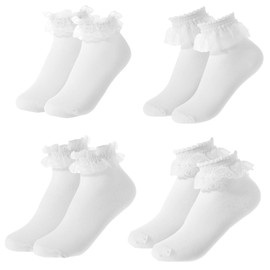 JIYIN 4 Pairs Womens Ruffle Socks, White Lace Frilly Socks Breathable Cotton Crew Ankle Socks for Women and Girls