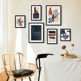 ArtbyHannah Framed Wall Art for Living Room, 6 Pieces Boho Botanical Wall Art with Blue Orange Tropical Plants and Color Blocks for Wall Decor, Multi Sizes