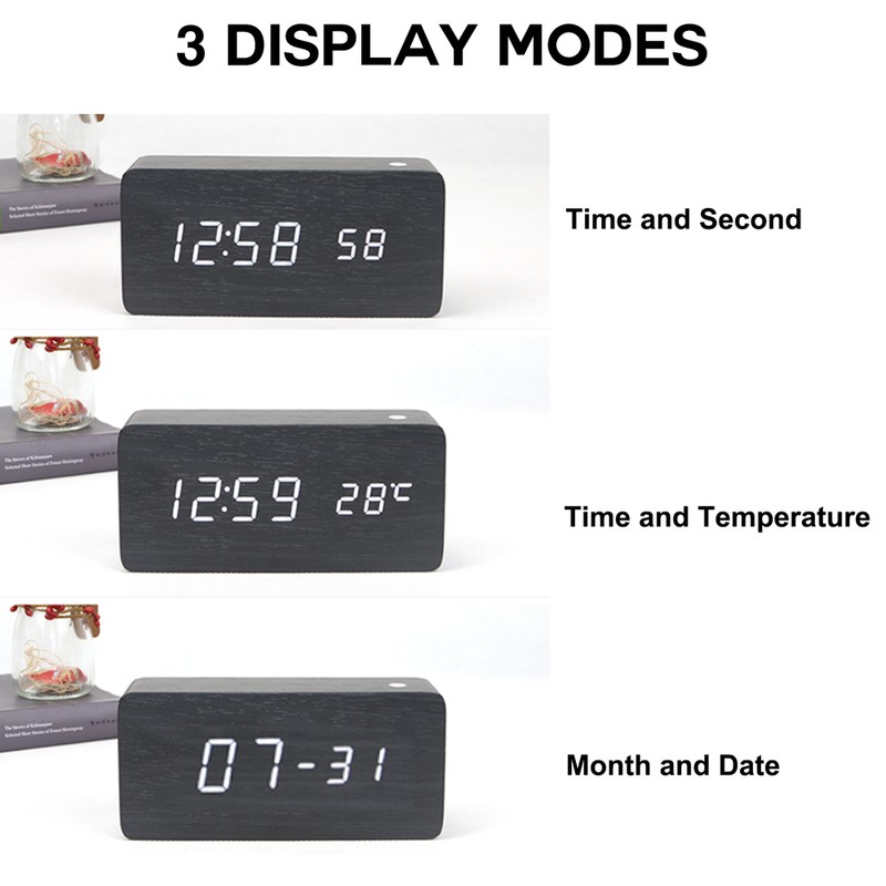 Wooden Digital Alarm Clock 8 Levels Adjustable Brightness Digital Clock
