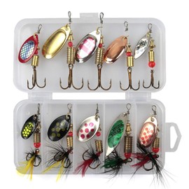 Joyeee 10 Pcs Fishing Lures Kit with Storage Box, Hard Metal Rotating Sequins Spinner Baits Spoons Lure Kit with Triple Fishing Hooks for Bass Trout Salmon, Freshwater Saltwater Fishing Gears