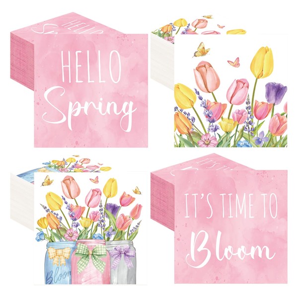 JarThenaAMCS 200Pcs Hello Spring Tulip Cocktail Napkin Pink Flower Disposable