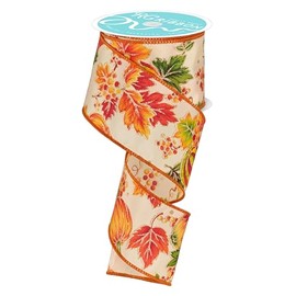 Craig Bachman 2.5" x 50 Yards Fall Themed Wired Ribbon - for Thanksgiving Bows, Wreaths, Gift Baskets, Crafts and Decorations (Cream, Orange, Green) - Features Leaves, Pumpkins, Gourds, Berries