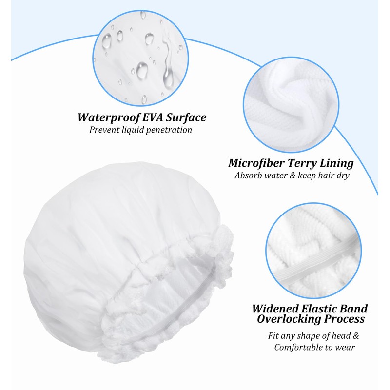 White Shower Cap, Terry Lined Shower Cap for Women, Double