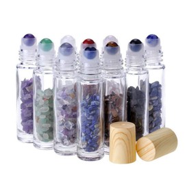Glass Roller Bottle With Gemstone Balls, 10ml Essential Oil Roll On Bottles, Travel Sample Bottles With Crystal Chips Inside for Oil Perfume - 10 Pcs