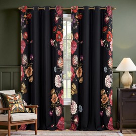 jinchan Hannah Floral Blackout Curtains with Retro Vintage Black Boho Flower Print Drapes for Bedroom Living Room Fall Decor Window Curtains Room Darkening 96 Inches Length 2 Panels Set with Grommet