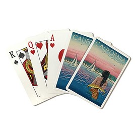 Monterey, California - Mermaid and Beach - Woodblock 104166 (Playing Card Deck - 52 Card Poker Size with Jokers)
