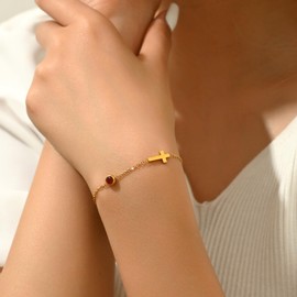 RATVIU Gold Bracelets for Women 18K Gold Plated Cross Bracelets Dainty Birthstone Bracelets Simple Birthday Faith Confirmation Jewelry Gifts