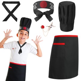 XLSXEXCL Hibachi Chef Hat and Apron Costume Set, Professional Complete Japanese Teppanyaki Costume with Hachimaki Headband Tie, Tall Chef Hat, Brooch, Apron for Hibachi Birthday Party Costume (Kid)