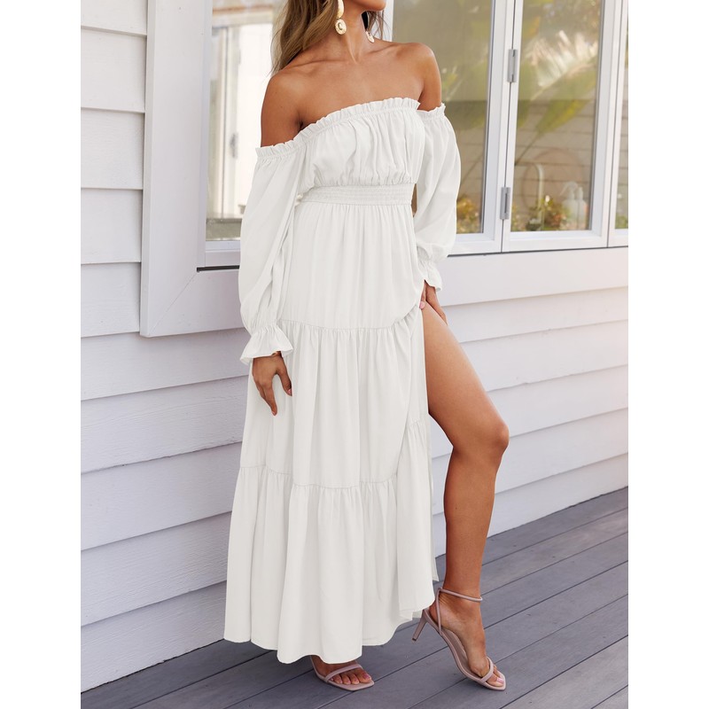ZESICA Women's 2025 Boho Sexy Off Shoulder Long Sleeve Smocked