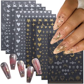 10 Sheets Metallic Nail Art Stickers Decal,3D Gold Nail Stickers Self-Adhesive Nail Decals Glitter Stars Moon Love Heart Gold Silver Nail Design Sticker Nail Art Decorations Women DIY Nail Accessories