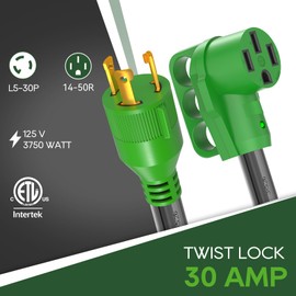 RVGUARD 3 Prong 30 Amp to 50 Amp RV Generator Adapter Cord 12 Inch, STW 10/3, L5-30P Locking Male Plug to 14-50R Female with LED Power Indicator, Green