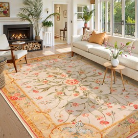 Morebes Washable Floral 8X10 Living Room Area Rug, Soft Vintage Bedroom Rug Non Slip, Stain Resistant Large Carpet for Kids Room Nursery Office Dining Playroom Indoor (Ochre 8'x10')