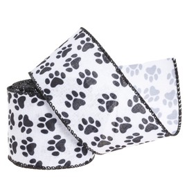 YASEO Dog Paw Print Wired Edge Ribbon, White and Black Animal Pattern Print Ribbon for Wreaths, Wrapping, Crafting and Home Party Decorations, 2.5 Inches x 10 Yards