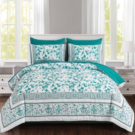 Dobuyly Floral King Size Comforter Set, 7 Piece Bed in a Bag King Aqua Flowers on White Botanical Bedding Set, Soft Microfiber Green Comforter Sets with Sheets for All Season
