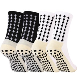 wonhag Grip Soccer Socks for Men Athletic Socks Anti Slip Gripper Pads 2 Black 2 White Socks 4Pairs Mens Socks