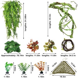 kathson 10 PCS Reptile Vines Plants Flexible Bendable Jungle Climbing Vine Terrarium Plastic Plant Leaves Pet Tank Habitat Decor for Bearded Dragons Lizards Geckos Snakes Frogs and More Reptiles