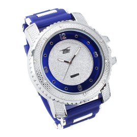 Techno Pave Totally Iced Out Cz Silver Tone Blue Band Over Sized Hip Hop Men's Bling Bling Watch