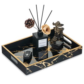 Hanobe Decorative Serving Tray Black: Imitation Marble Coffee Table Tray Decor with Handle Gold for Bar Ottoman Bathroom Counter Home Display