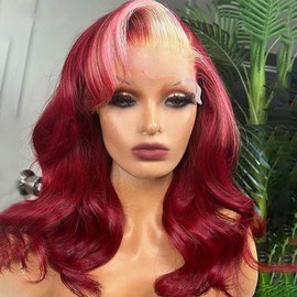 ANDRIA 13X4 HD Lace Front Wigs Pre-Plucked Hairline 16 Inch Body Wave Highlight Blonde Glueless Lace Frontal Wigs with Baby Hair Burgundy Red Short Bob Wig 200% Density Loose Wave Lace Closure Wig
