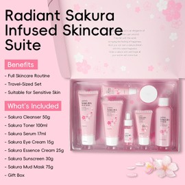 Sakura Skincare Set, 7PCS Face Care Kits With Niacinamide & Vitamin C for Cleansing, Hydrating & Anti-Aging, Christmas Birthday Gift for Women Teenage Girls Friend Wife, Travel TSA-friendly Sized