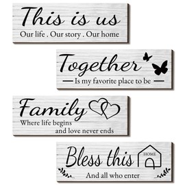 4 Pieces Wooden Home Wall Art Decor, Rustic, Farmhouse THIS IS US/TOGETHER/BLESS THIS HOME/FAMILY Decor Signs For Living Room Bedroom, 4.7 x 13.8 Inch(White)