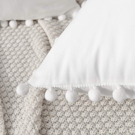 CAWANFLY Set of 2 Decorative Throw Pillow Covers with Cute Pom Pom, Square Soft Cushion Case Home Decor for Couch Sofa Bed (White, 16x16 Inch)