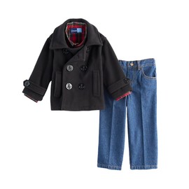 Great Guy Baby Boys Peacoat, Plaid Shirt & Jeans Set, Black (12 Months)
