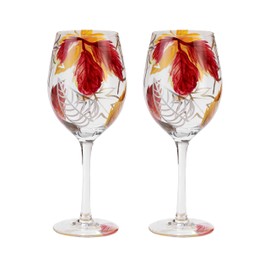 NIRA.Z Hand Painted Wine Glasses 16.9 OZ Set of 2 Hand Blown Long-Stem Wine Glass for Enhanced Aromas, Elegant, Unique, Ideal for Gift, Special Days, Holiday, Party, Anniversary, Birthday (Leaves)