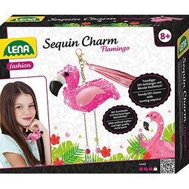 Lena 42659 Craft Set Sequin Charm Flamingo Complete Set for 1 Sequin Lucky Charm / Key Ring with Faux Leather Ribbon, Beads, Needle, Filling Wool and Instructions (English language not guaranteed),