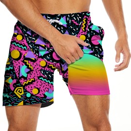 PIANHAUE Mens Swim Trunks with Compression Liner 5 Inch Inseam Quick Dry Vintage 8090s Swimwear Bathing Suit Swim Board Shorts with 4 Pockets