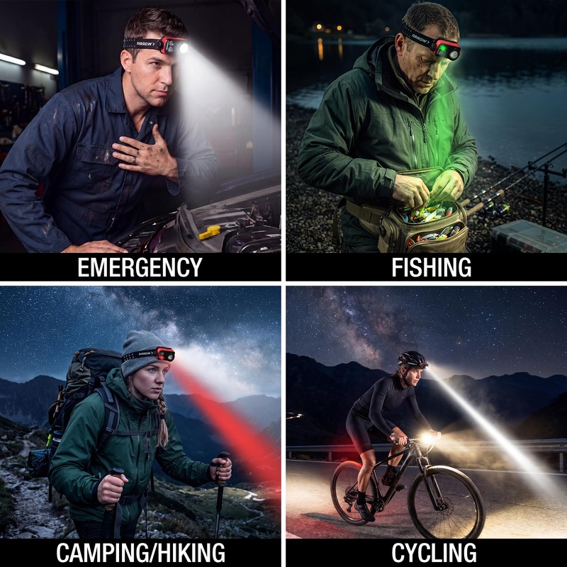 Arrow Rechargeable LED Headlamp, Zoomable Head Lamp with Red/Green/White Light,