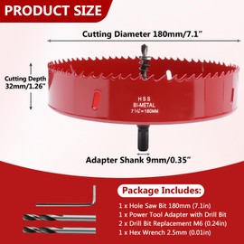 LC LICTOP 7.1 Inch Hole Saw, Heavy Duty Bi-Metal Cornhole Cutter, HSS Blade Drill Bit for Ceiling Light, Wood, Soft Metal Sheet, Plastic Panel, Drywall and Fiberboard, with Positive Rake Teeth, Red