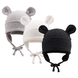 Pesaat Cotton First Hats 0-12 Months Baby Hat Newborn Girls Boys Baby Beanie Newborn Hat with Ears and Band, Summer, Spring, Winter, White + grey + black