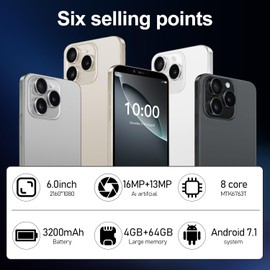 Fine Life Pro Unlock Phone, 8-Core Processor, 4G-LTE Smartphone, 5MP + 13MP Camera, Dual Nano SIM Cards, 4GRAM, 64GROM, Expandable 256GB, 6.0 Inch Screen, (3, Black)