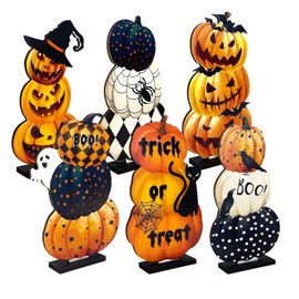 Lacabin 6 Pcs Halloween Wooden Pumpkin Table Centerpieces, Rustic Fall Decor Signs for Home, Party, Kitchen, or Office Display