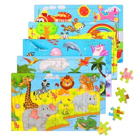 RYAN Wooden Puzzle Children 5 x 30 Pieces Puzzle Children from 3 Children's Puzzle Years Farm Underwater Animals Wooden Puzzle for from 3 Years and Age Boys and Girls