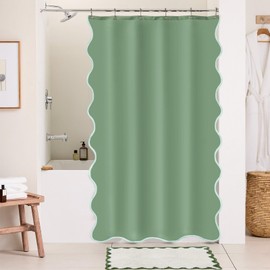 ORTIGIA Green Scalloped Shower Curtain Small Stall 36 W x 72 H Inch, Cute Sage Green Shower Curtains Aesthetic Preppy Boho Waterproof Fabric Bath Bathroom Decor with Metal Hook