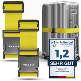 Travely® Premium Luggage Strap – Particularly Eye-catching and Safe – Includes 2 Name Badges – Suitcase Strap Ideal Cross – [Set of 2] – Yellow
