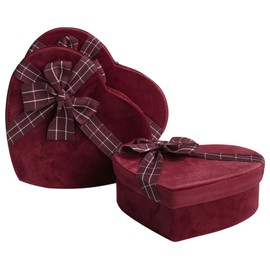 Emartbuy Set of 3 Rigid Luxury Hearts Shaped Presentation Velvet Gift Box, Burgundy Gift Box with Black Interior and Striped Decorative Ribbon