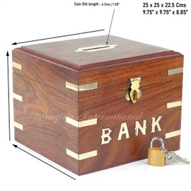 Wooden Money Bank Box Square Shaped with Mini Pad Lock | Handcrafted Piggy Bank | Children & Adults Gifts Ideas | Money Saving Coin Box | Brass Inlaid Corners | First Birthday Gifts Ideas