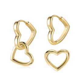 14K Gold Plated Sterling Silver Eearrings for Women Heart Hoop Earrings Chunky Gold Hoops Earrings for Women Hypoallergenic Earrings Double Love Heart Dangle Earrings Small Huggie Hoop Earrings