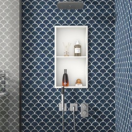 Bernkot Stainless Steel Shower Niche 24" X 12" Matte White No Tile Needed Vertical Niche Shower with Two- Tier Shelves Recessed Wall Niches for Bathroom Storage Over Mount Installation