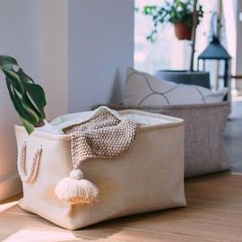 Mangata Foldable Storage Basket with Rope Handles, Fabric Storage Box (Light Khaki, S)